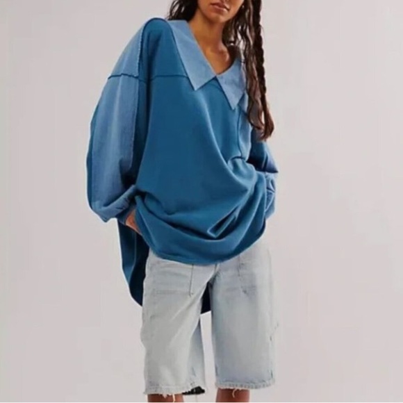 NWOT Free People Madeleine Polo Sweatshirt Small Moroccan Blue $148 Retail New - Picture 3 of 6